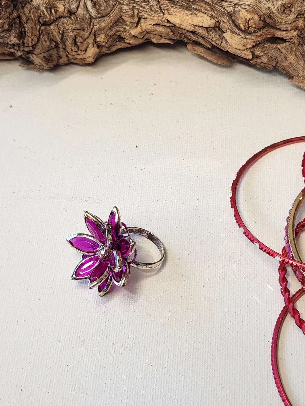 Pink-Red and Gold Women's Bangle Bracelet Set, Matching Dangle Earrings, Ring